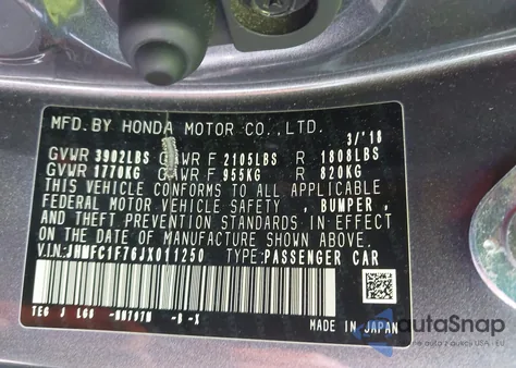 2018 Honda Civic Ex-L из США, поврежденный, VIN JHMFC1F76JX011250